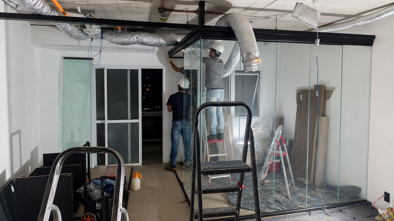 Divisória de vidro sendo instalada em ambiente corporativo